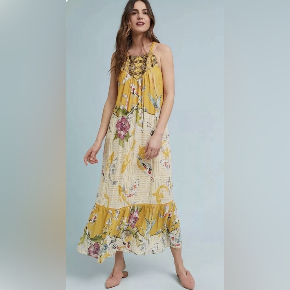 Anthropologie One September Paradiso Gold Koi Embroidered Maxi Dress Size XS